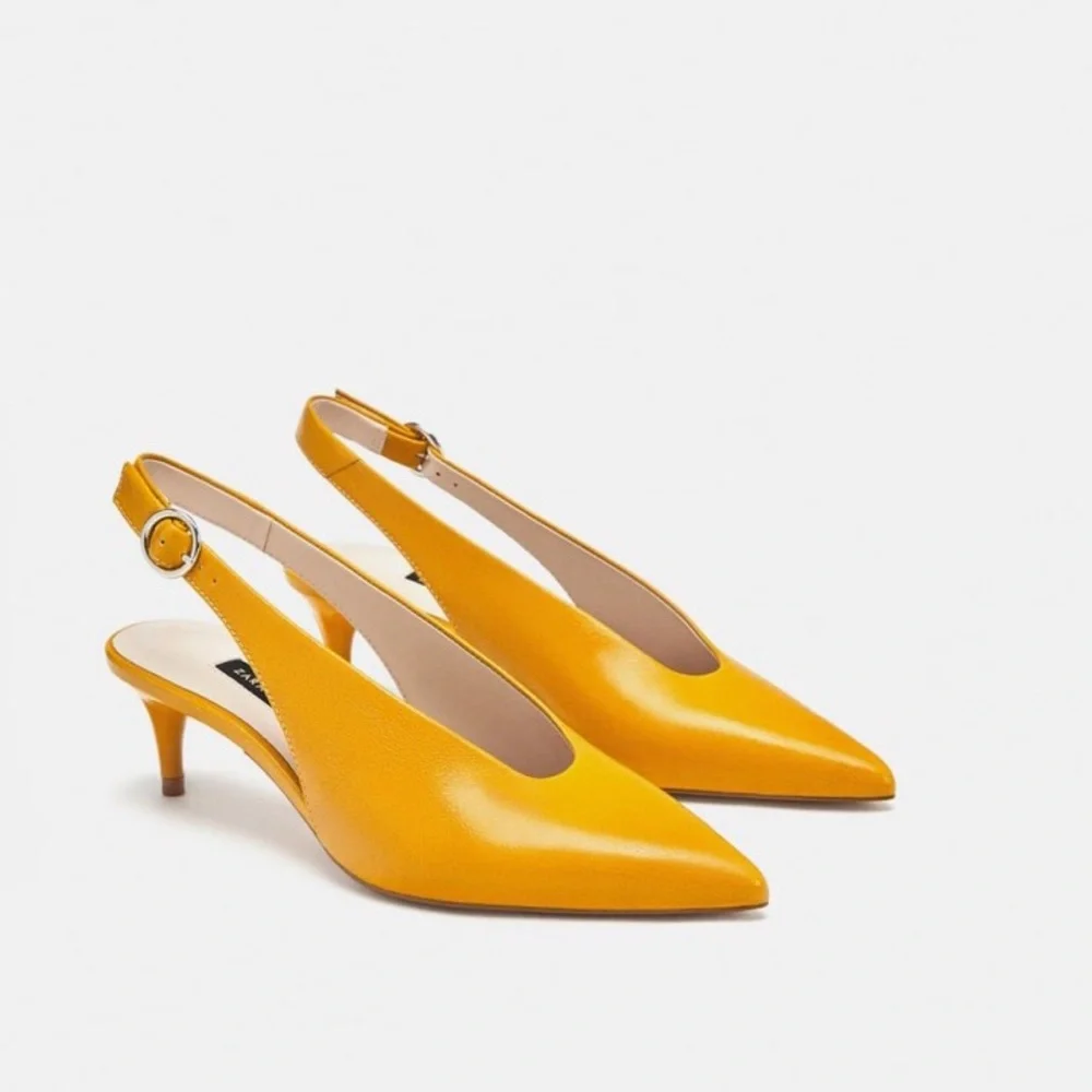 LAST NWT ZARA 100%COW LEATHER SLINGBACK KITTEN HEEL POINTED SHOES - Picture 4 of 14